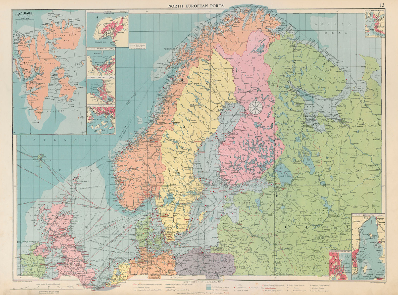 Scandinavia Russia sea chart. Ports lighthouses. Arctic Ocean Bothnia 1952 map